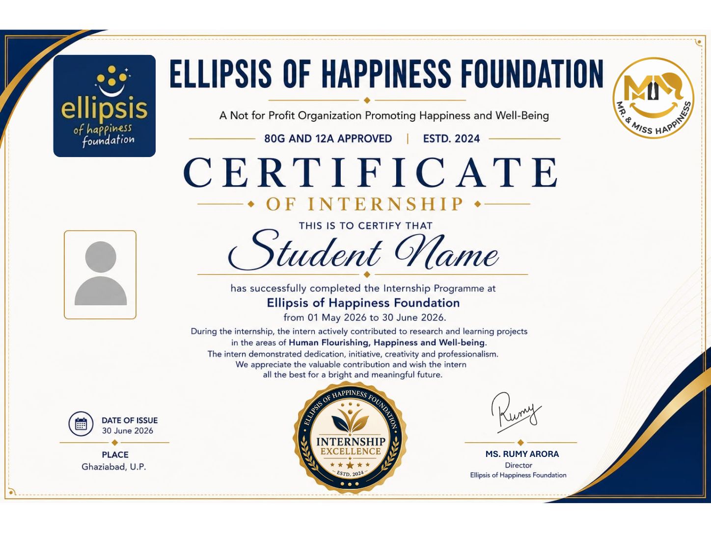 Sample Certificate of Internship from the Ellipsis of Happiness Foundation, signed by Director Ms. Rumy Arora
